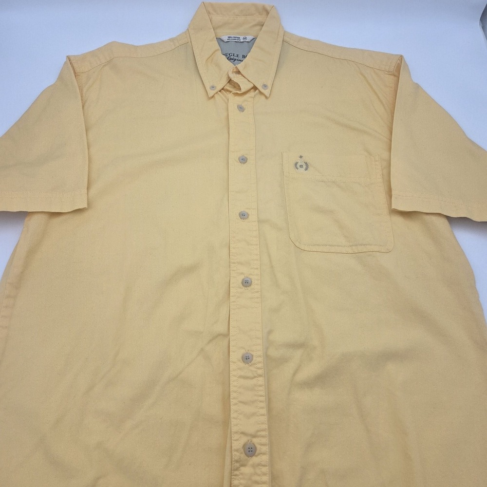 Vintage Bugle Boy Company Shirt Mens M Yellow Crest Short Sleeve Button Up Crew